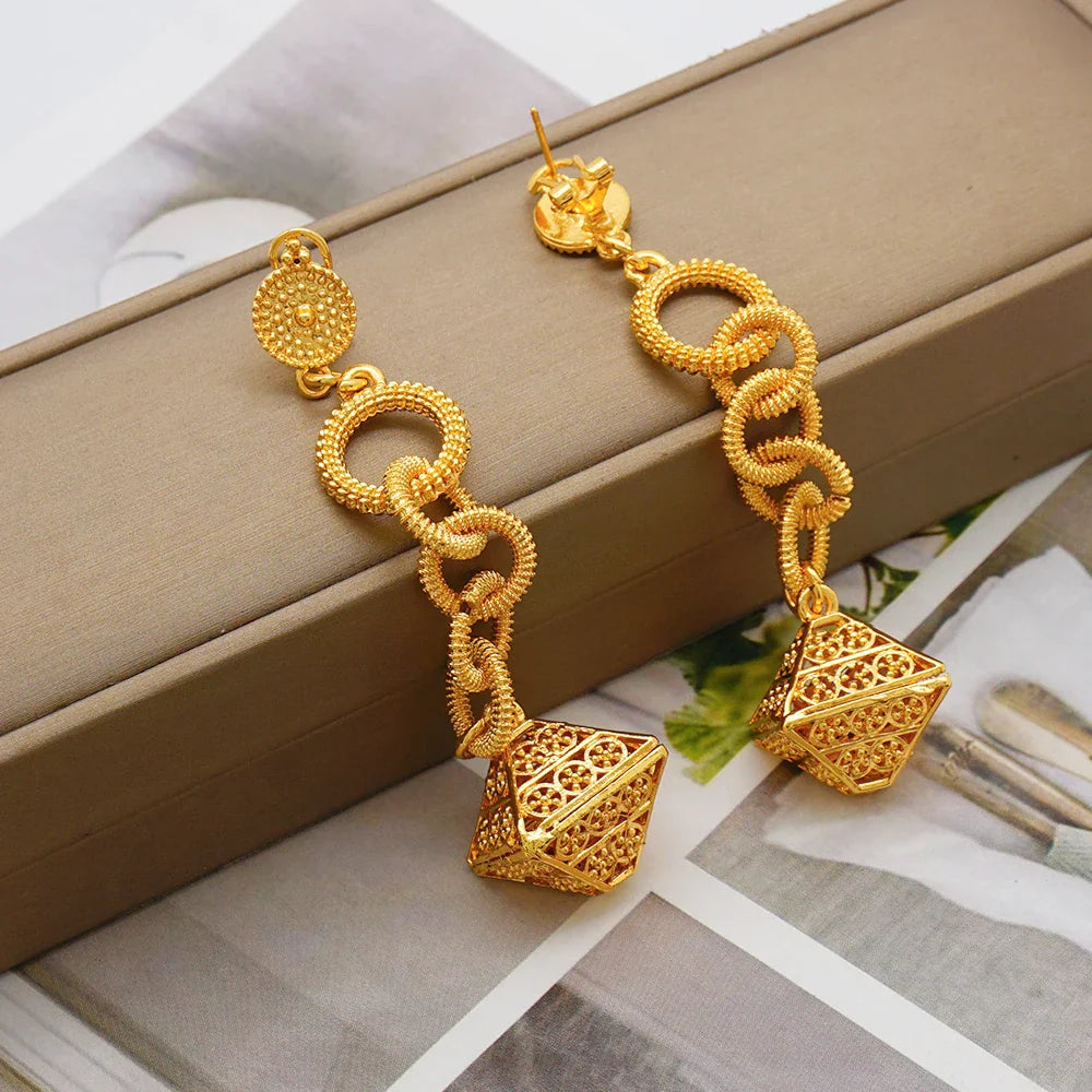 24k golden-plated long chain necklace earring set for women's jewelry in Nigeria