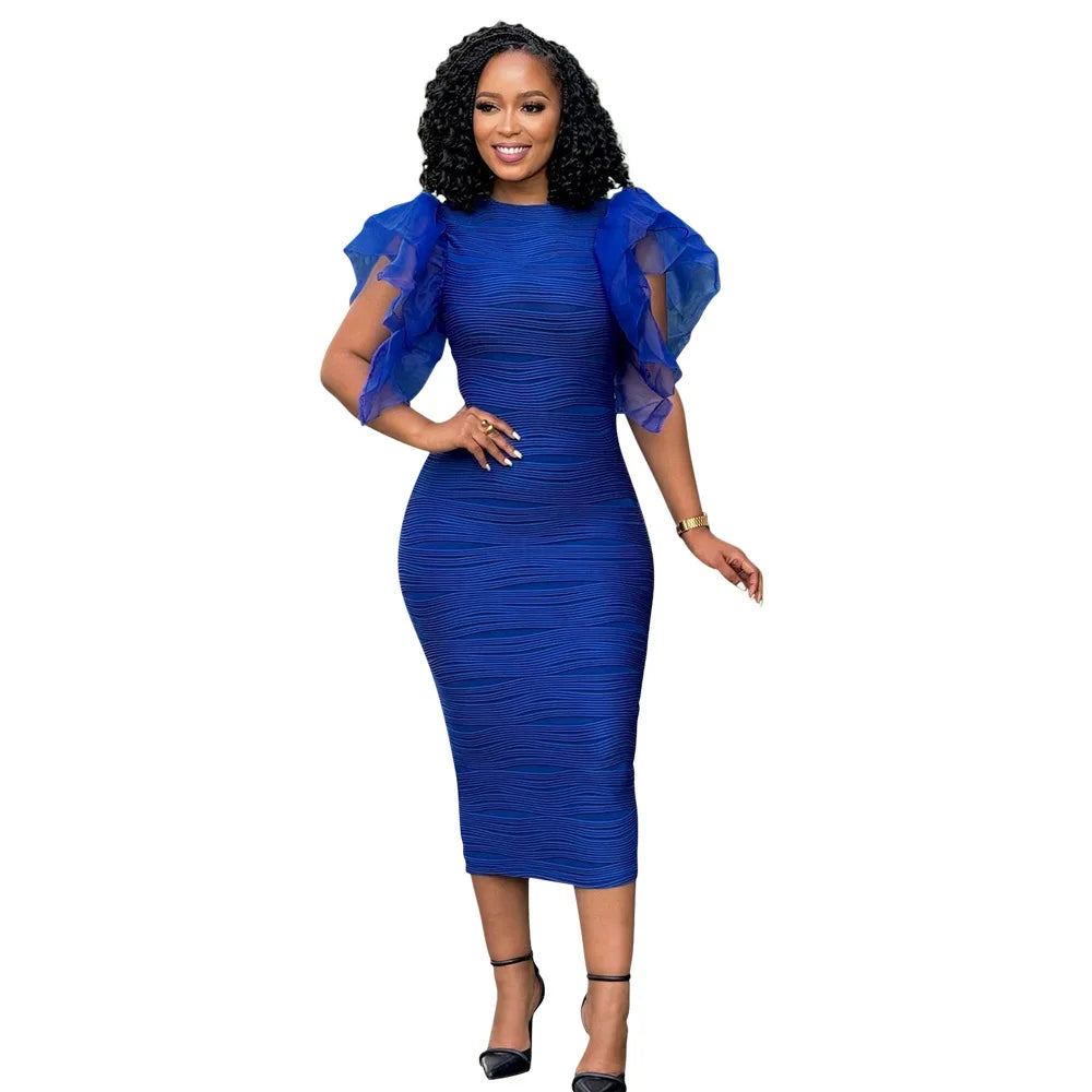 CM.YAYA Women Ruffles Short Sleeve O-neck Striped Knee Length Dress Street Vestidos Sexy Night Club Party Evening Chic Dresses