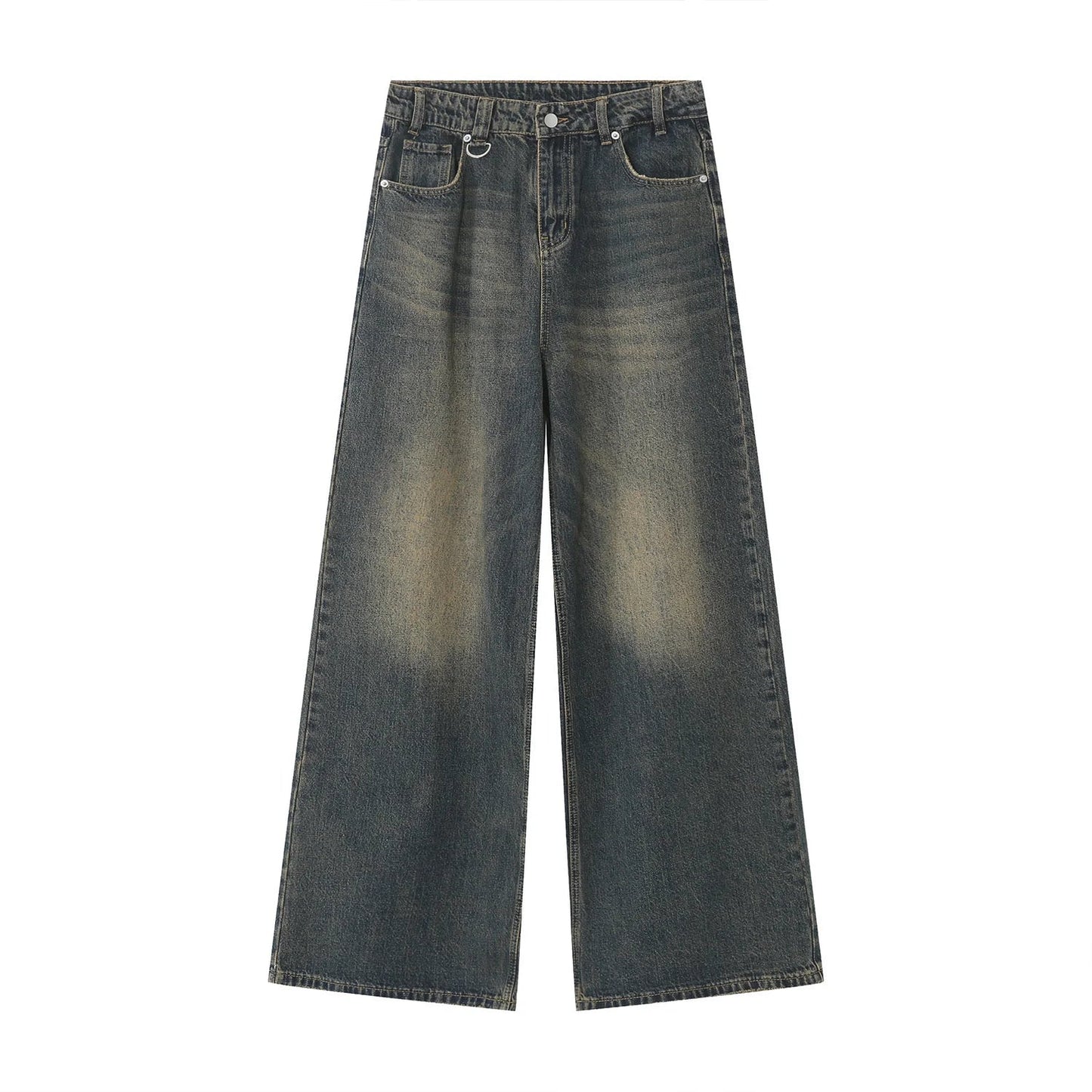 Men's Denim Pants Old Blue Washed Male Jeans Straight Loose Wide Leg