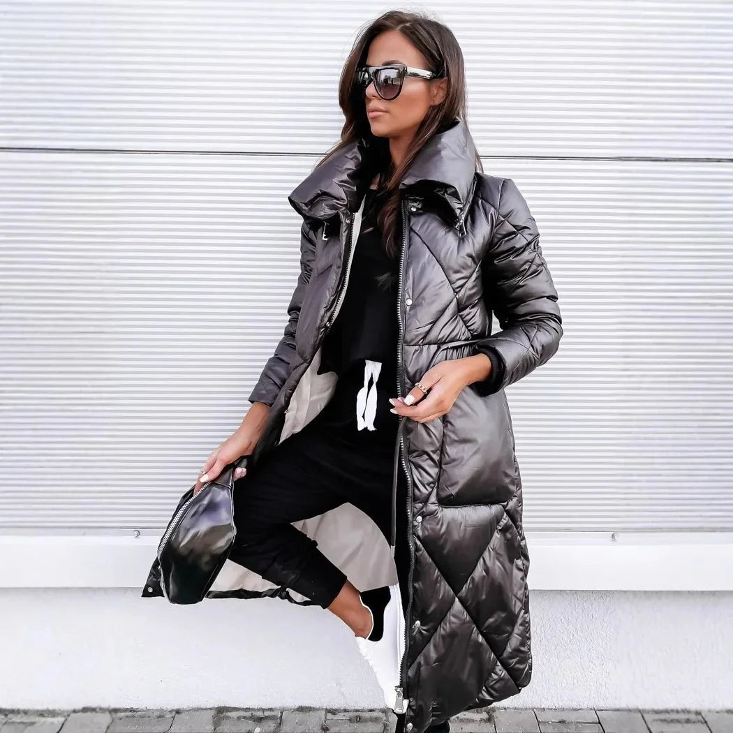 Winter Women's Long Zipper Bright Cotton High Waist Quality Jackets