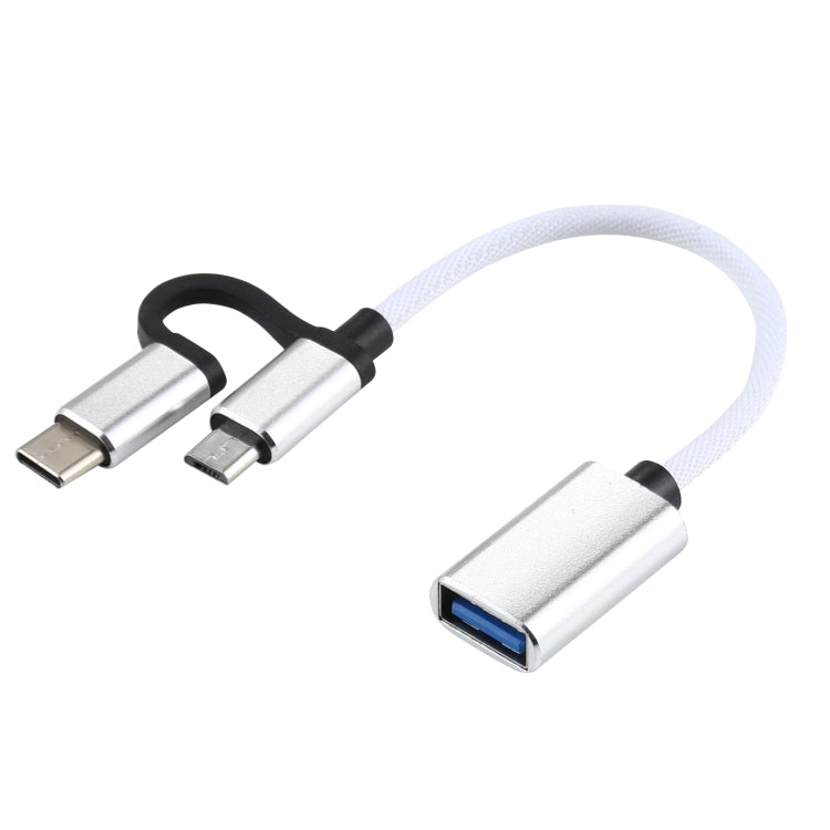 USB 3.0 Female to Micro USB + USB-C / Type-C Male Charging + Transmission OTG Nylon Braided Adapter Cable, Cable Length: 11cm, Micro USB Black, Micro USB Blue, Micro USB Red, Micro USB Silver, Micro USB White