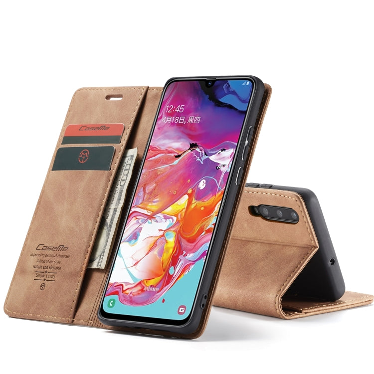 CaseMe-013 Multifunctional Retro Frosted Horizontal Flip Leather Case for Galaxy A70, with Card Slot & Holder & Zipper Wallet & Photo Frame(Brown)