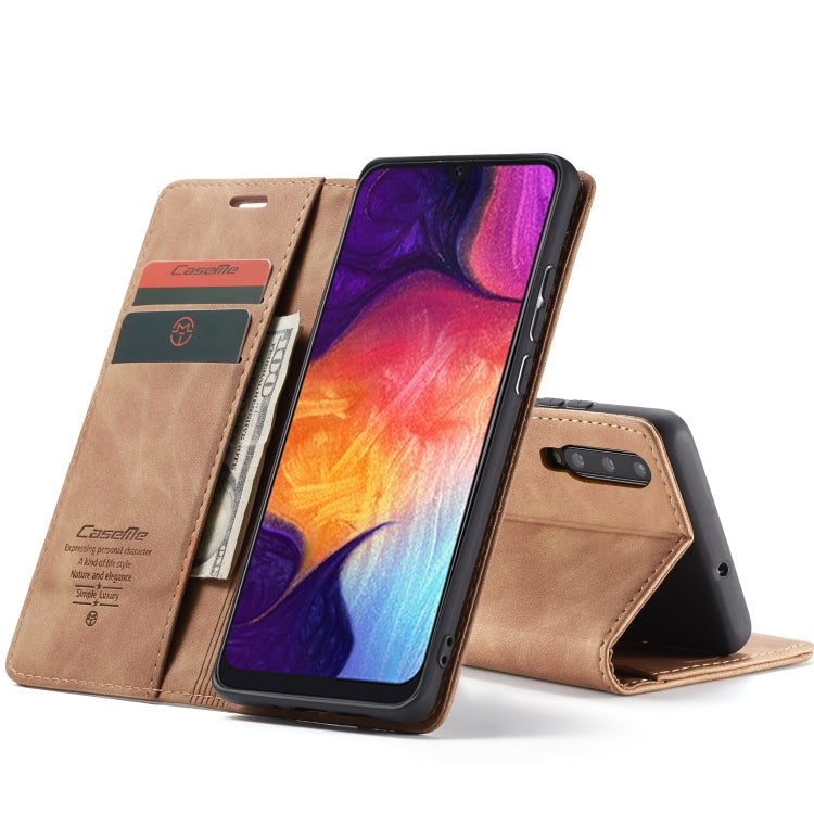 CaseMe-013 Multifunctional Retro Frosted Horizontal Flip Leather Case for Galaxy A30S / A50S / A50, with Card Slot & Holder & Zipper Wallet & Photo Frame(Brown)