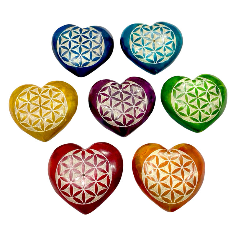 Carved Soapstone Chakra Heart Flower of Life Ashcatcher Incense Stick Burner