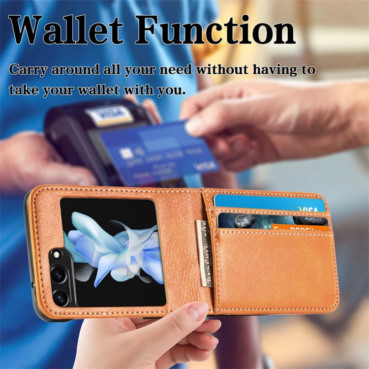 For Samsung Galaxy Z Flip6 / Flip7 FE JUNSUNMAY PU Leather Folding Phone Case with Card Slots(Brown)