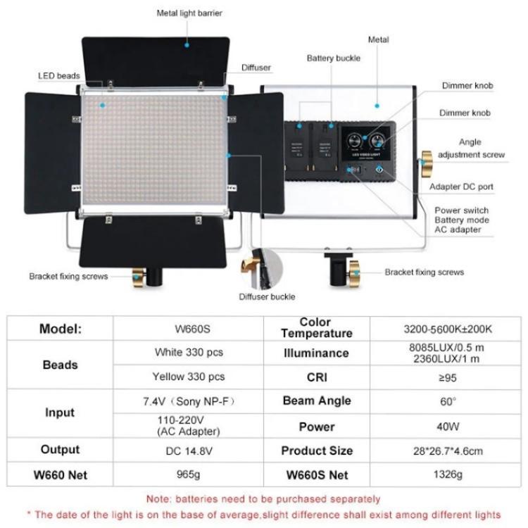 VLOGLITE W660S For Video Film Recording 3200-5600K Lighting LED Video Light with Tripod, Plug:US Plug