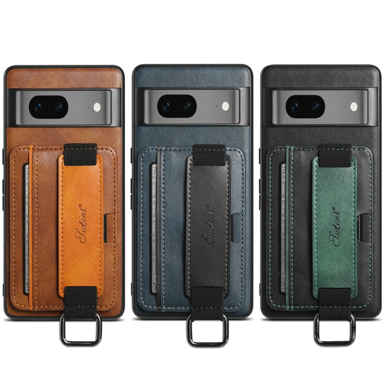 For Googel Pixel 8a Suteni H13 Card Wallet Wrist Strap Holder PU Phone Case(Blue)