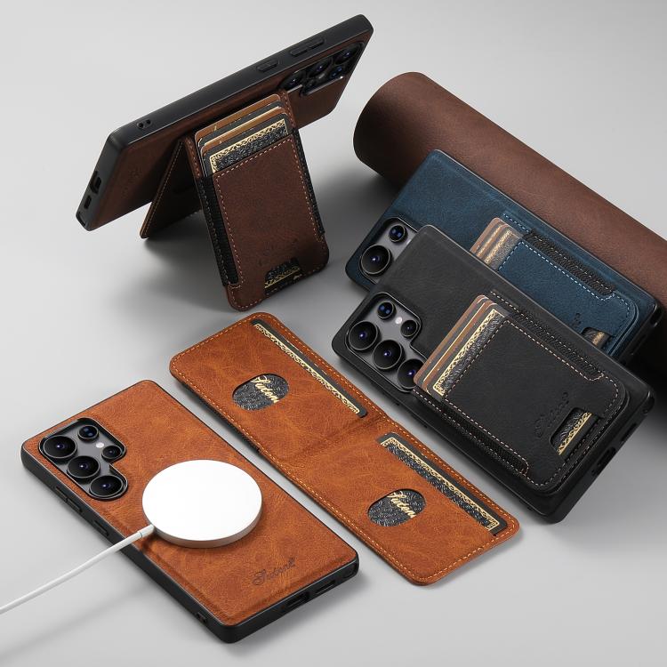 For Samsung Galaxy S23 Ultra 5G Suteni H17 Litchi Texture Leather MagSafe Detachable Wallet Phone Case(Khaki)