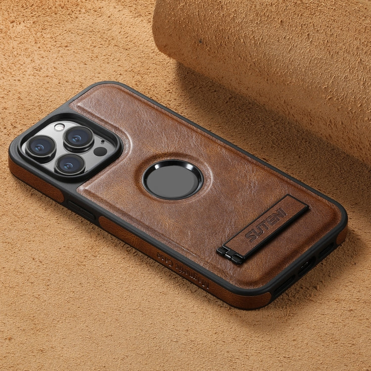 For iPhone 15 Pro Suteni G2 Magsafe Oil Wax Leather Back Phone Case with Holder(Brown)