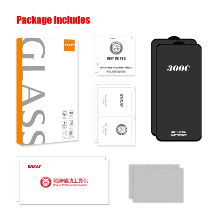 For iPhone 13 / 13 Pro / 14 2pcs ENKAY 300C Super Large Arc Full Coverage High Aluminum-silicon Tempered Glass Film Black