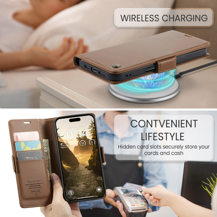For iPhone 16 CaseMe 023 Butterfly Buckle Litchi Texture RFID Anti-theft Leather Phone Case(Brown)