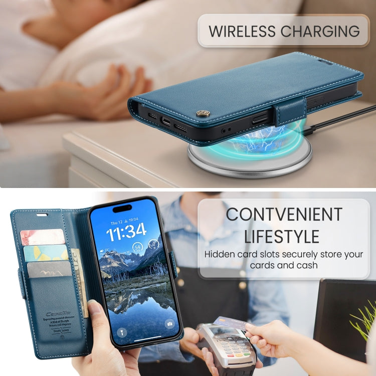 For iPhone 16 Plus CaseMe 023 Butterfly Buckle Litchi Texture RFID Anti-theft Leather Phone Case(Blue)