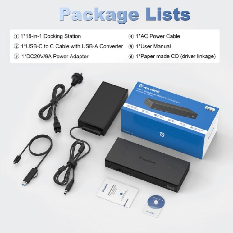 WAVLINK UG69PD8 Pro 18-in-1 DP / HD 5K Quadruple Display USB C Universal Docking Station, Plug:AU Plug
