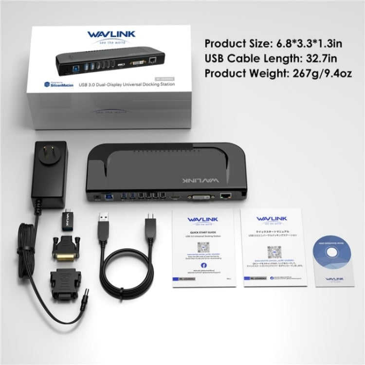 WAVLINK UG49DK4 Universal Laptop Docking Station Dual Monitor Supports DVI / HDMI / VGA(EU Plug)
