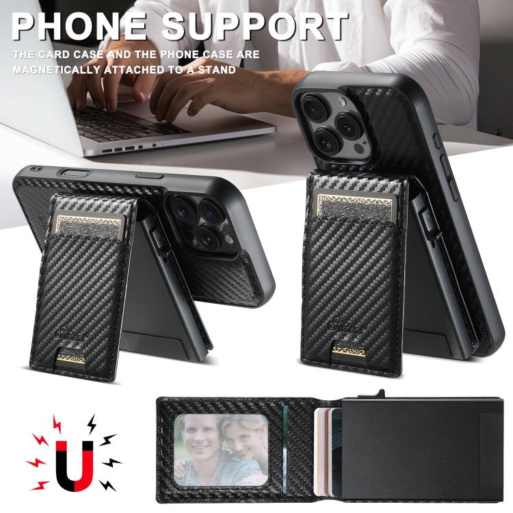For iPhone 12 Pro Max Suteni H19 Carbon Fiber Grain 2-in-1 MagSafe Removable Card Box Back Phone Case(Black)