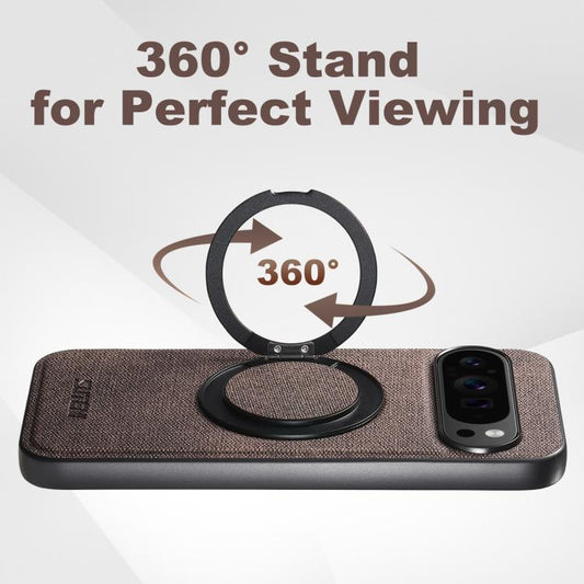 For Google Pixel 10 Pro XL Suteni G3 360 Rotation Holder MagSafe Denim Leather Back Phone Case(Brown)
