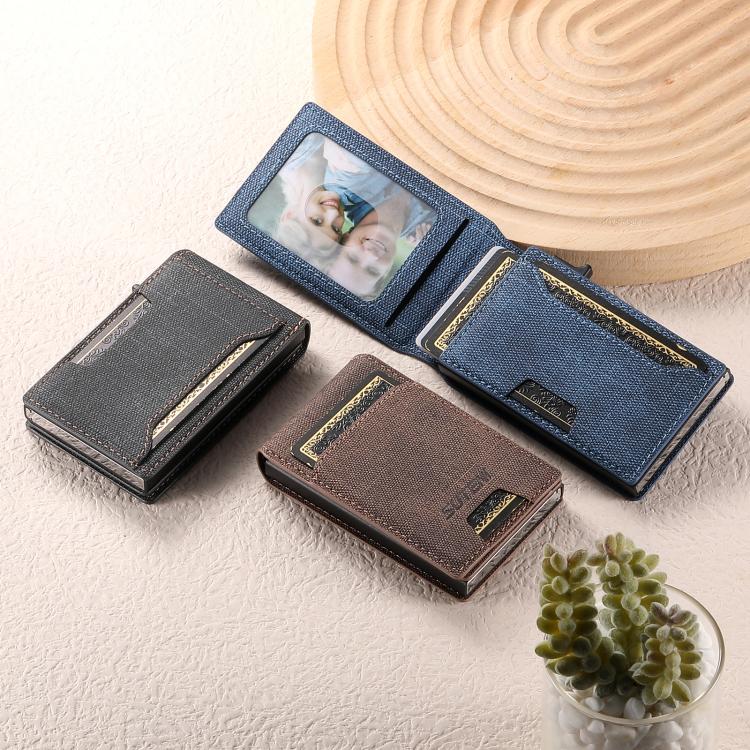 Suteni Denim Pattern Button Automatically Pops Out the Card Box(Brown)