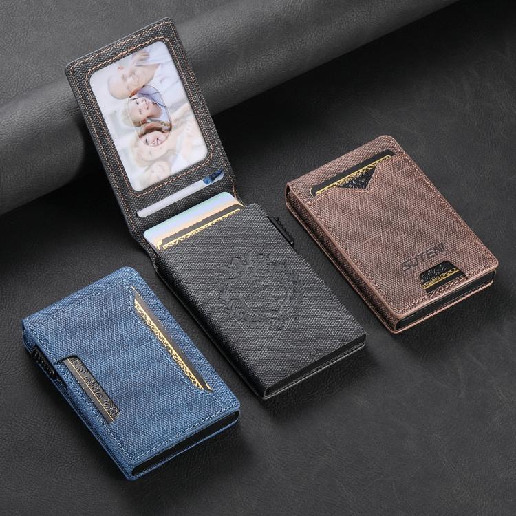 The Suteni denim pattern button automatically pops out the veneered printed card box(Black)
