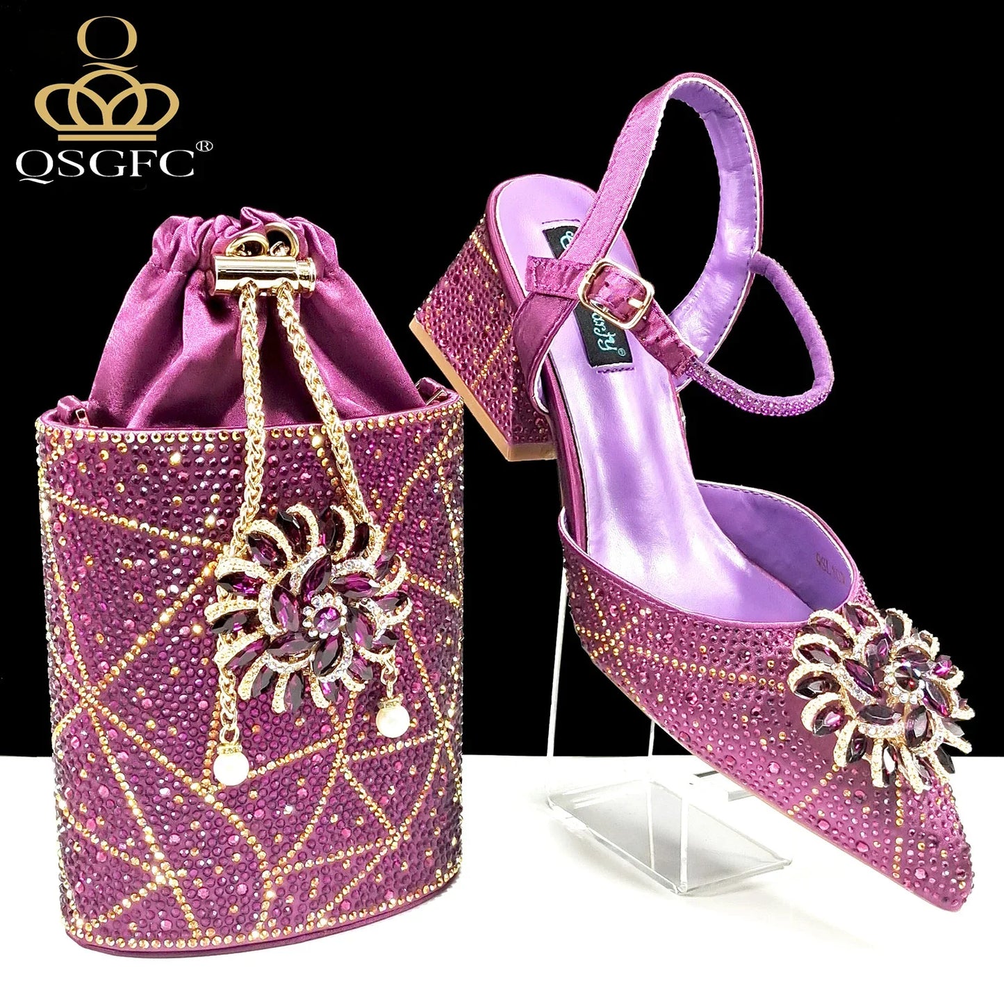 QSGFC High-end Women's Shoes with Diamond Oval Stand Bag Popular in Nigeria Women's High Heels for Special Day