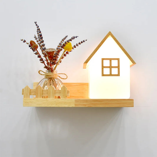 Modern Wooden LED Wall Lamp – Creative Plant & Decor Shelf Light (17 Styles)