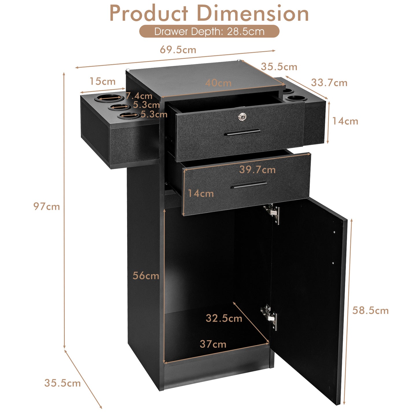 3-Tier Locking Salon Storage Cabinet with 2 Drawers and 6 Hair Dryer Holders-Black