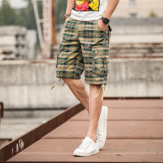 Summer Cotton Comfortable Plaid Outdoor Sports Beach Cargo Pants Shorts Loose