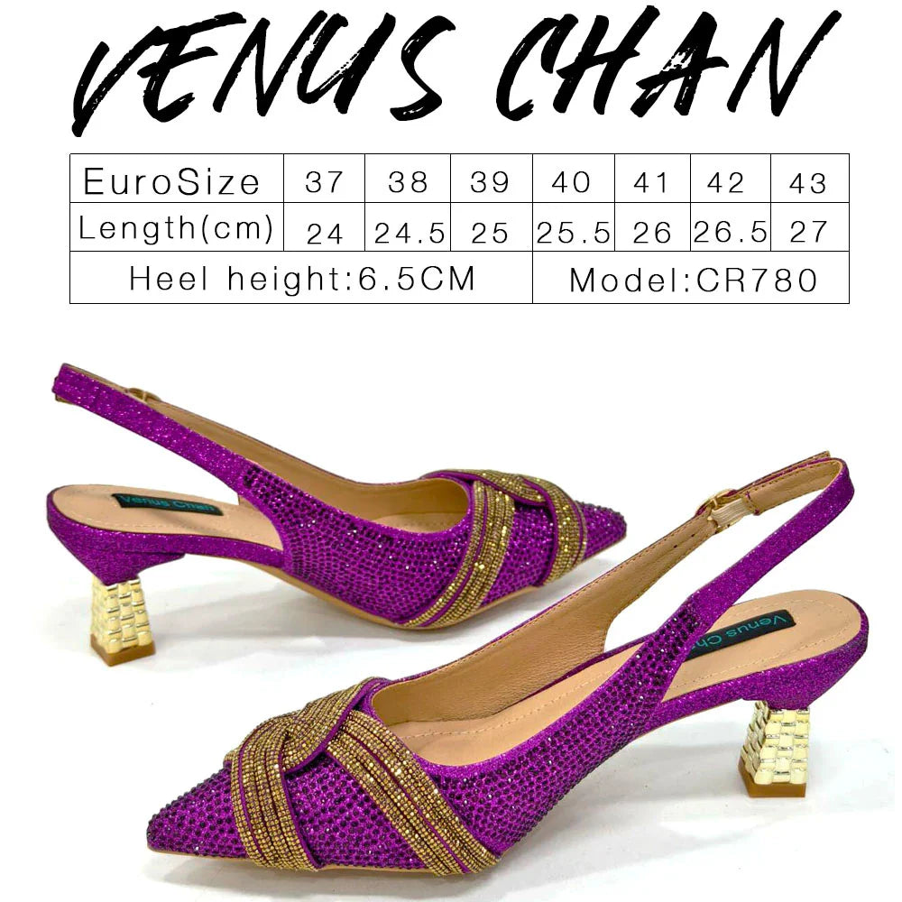 Venus Chan Black Hollow Design With Pointed Shoes And Fashion Three-Dimensional Bag Cozy Rhinestones Are Suitable For Parties
