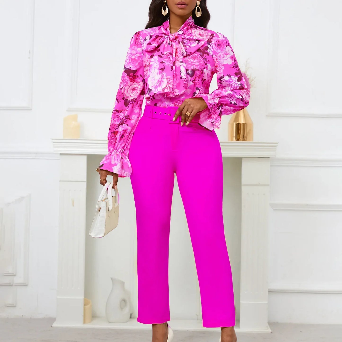 Fashion Print Two Piece Set Women Office Suits Tie Bow Neck Button Shirt + Belt Pencil Pants Elegant Slim Lady Sets Casual shirt