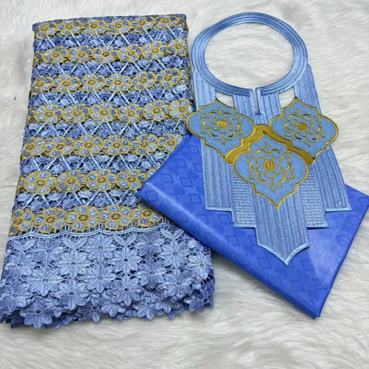 2024 High Quality 2.5yards Bazin Riche Brocade Fabric +2.5 Yards African Cotton Lace Fabric with Collar Set for Dress M4-1212-1