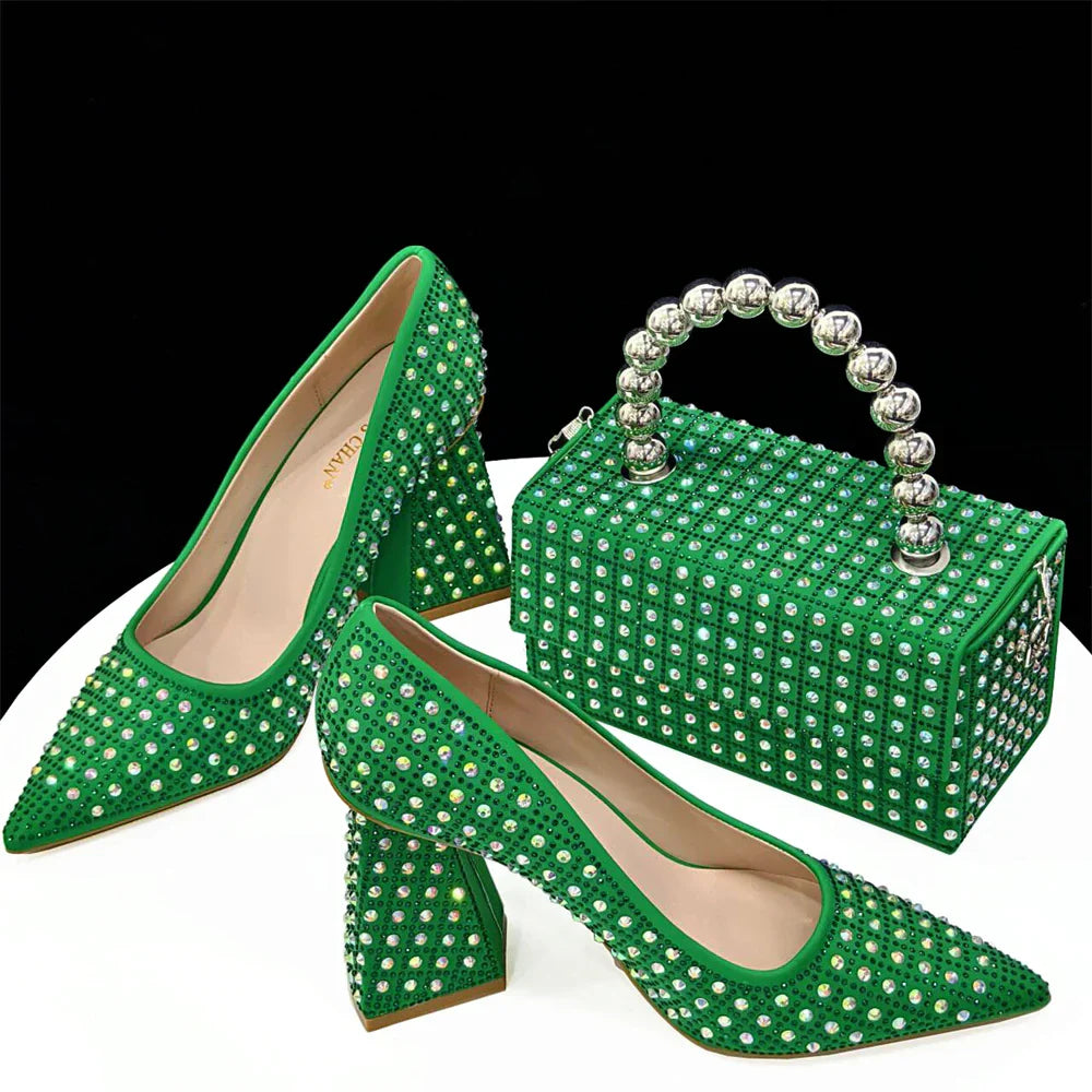 Elegant Women's Yellow PointShoes and Bag Set Rhinestone For Party And Wedding