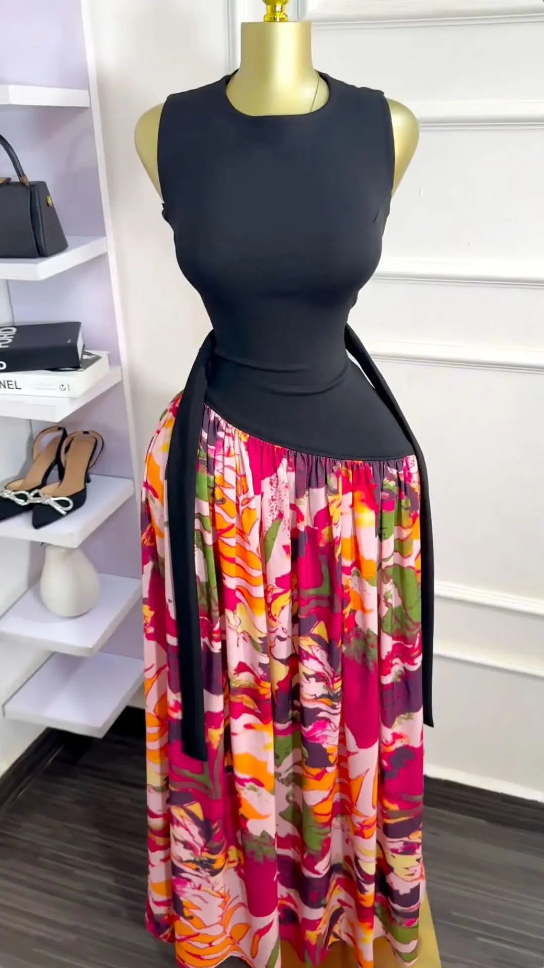 CM.YAYA Women Sleeveless with Sashes Printed Patchwork Tank Long Maxi Dress 2025 Birthday Evening Sexy Party Dresses Vestidos