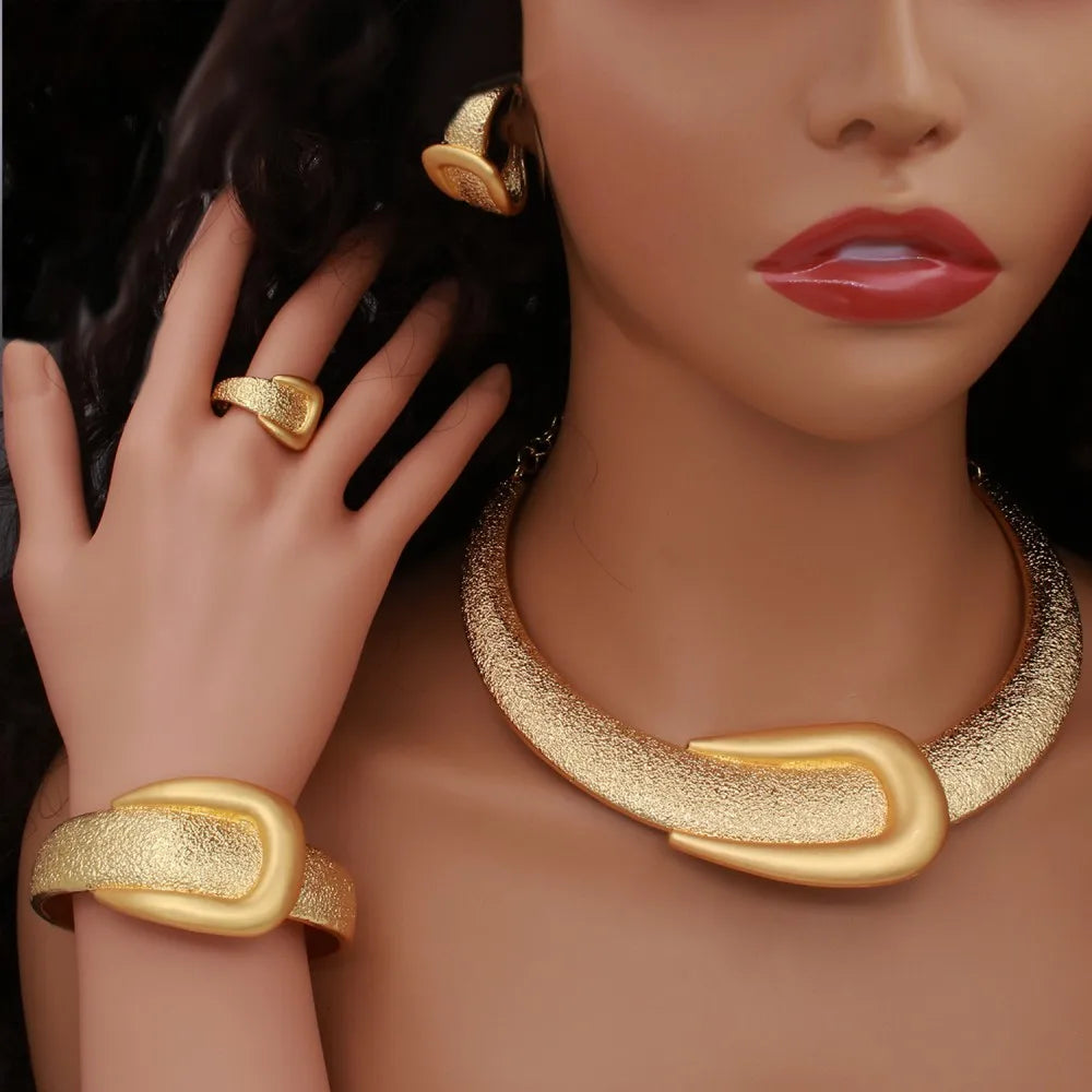 Gold Color Large Necklace Bangle Big Earring Ring Wide Bracelet Bridal Jewellery