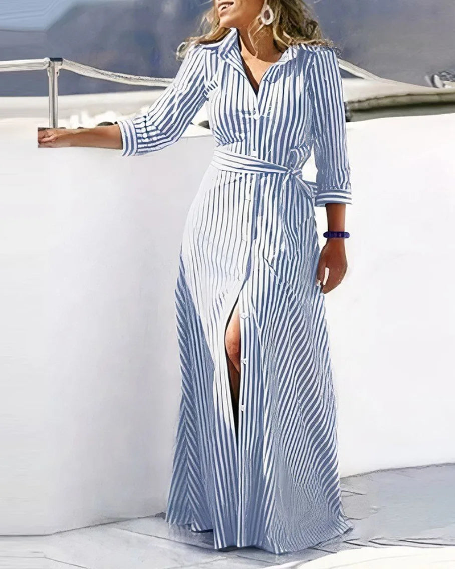 Autumn Lace-up Shirt Dresses Women Elegant Turn Down Collar Button Long Dress Women Fashion Striped Print Party Dress 2023