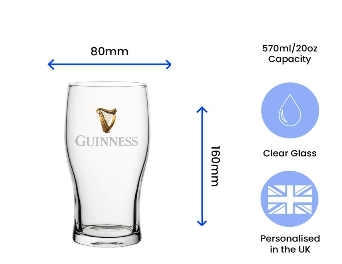 Official Classic Guinness Pint Glass, Engraved with Any Message, Gift Boxed