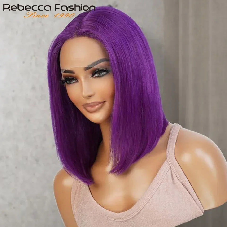 Brazilian Cosplay Purple Hair 13x5x1 T Part Transparent Lace Front Human Hair Wigs 180D Short Straight Lace Bob Wigs Human Wigs