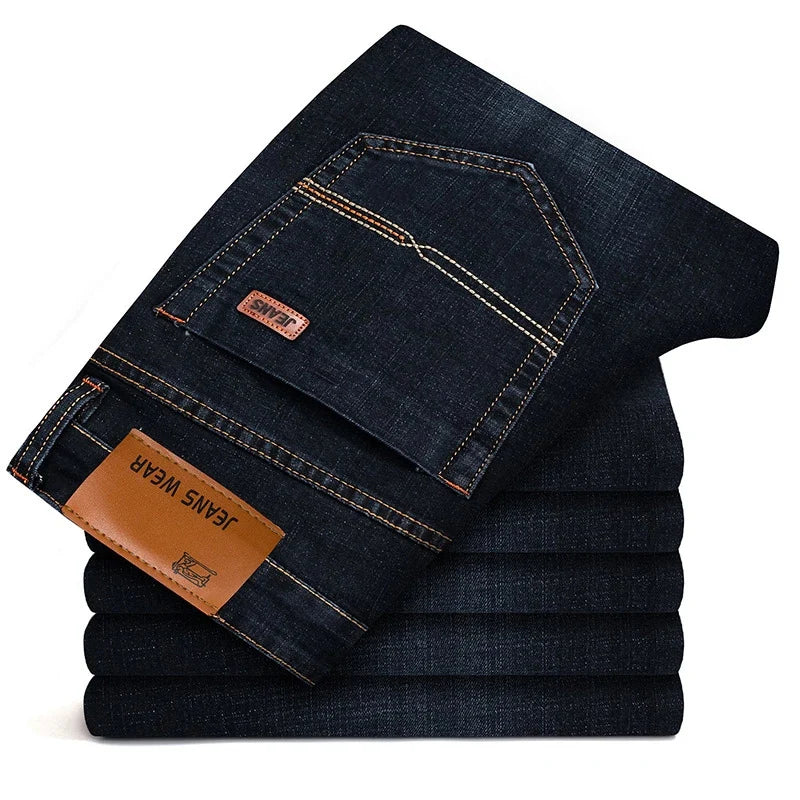 Men's Classic Fitted Stretch Jeans Business Casual Cotton Denim Straight Leg Pants