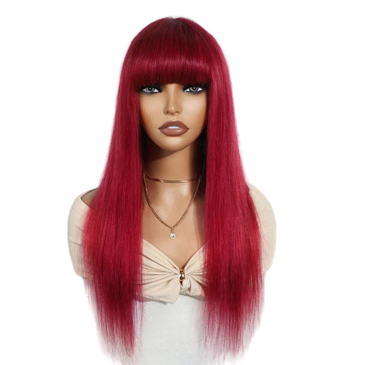 Human Hair Wigs With Bang Brazilian Straight Red Burgundy Human Hair Wigs Brown Color 4# For Black Women None Lace Wigs
