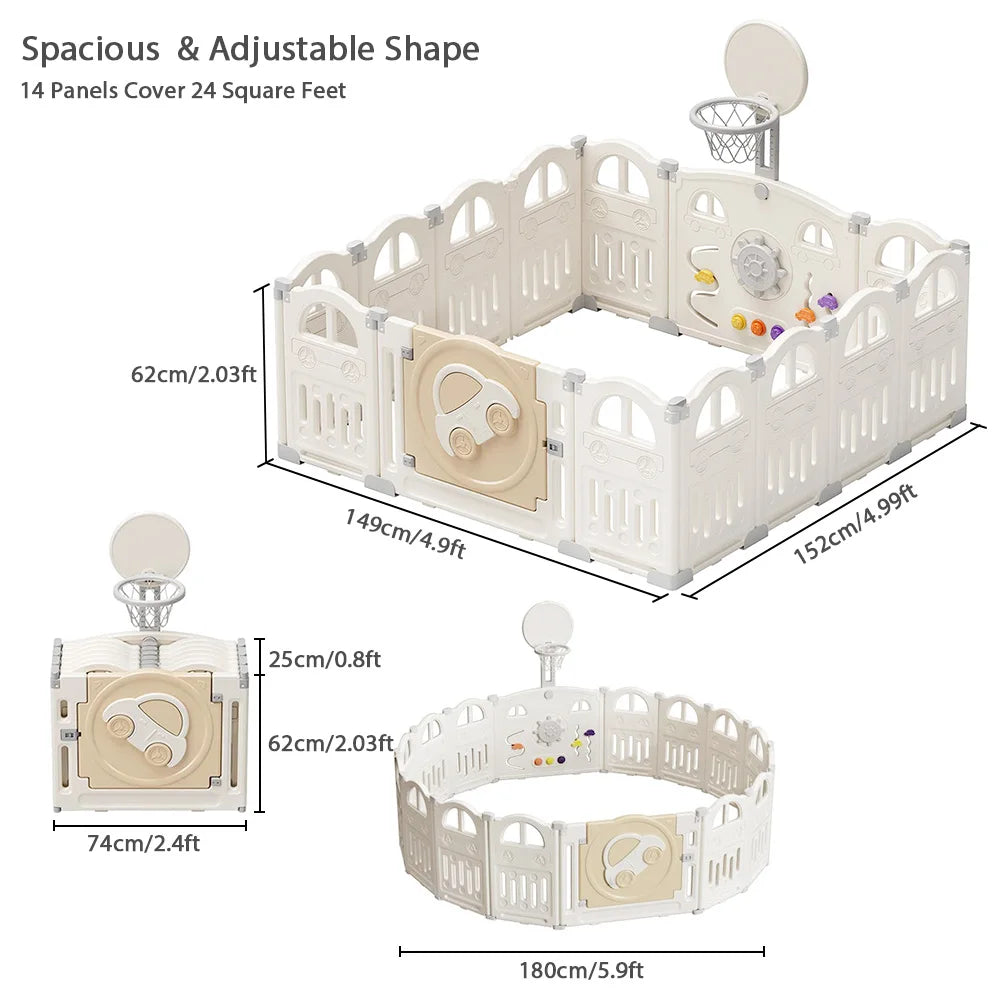 UBRAVOO Foldable Baby Playpen with Basketball Hoop & 50Pcs Coloured Pit Balls, Toddler and Baby Play pen fence, 14-Panel