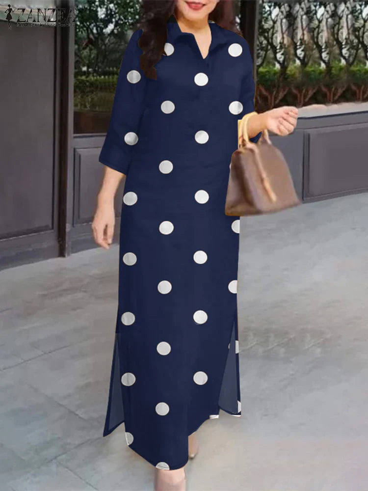 Eleagnt Polka Dot Women Dress Plus Size Summer Sundress 2025 ZANZEA Fashion Lapel Neck 3/4 Sleeve Baggy Work Vestidos Robe Femme