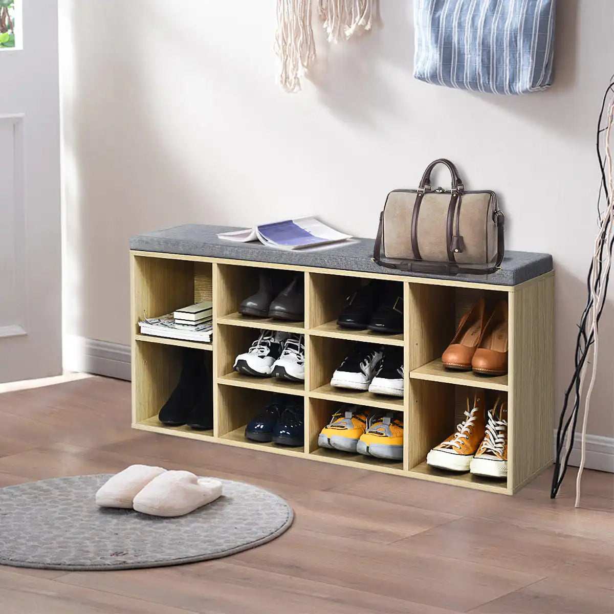 GOFLAME Wooden Shoe Bench Shoe Storage Rack Cabinet Organizer Seat Cushion-Natural
