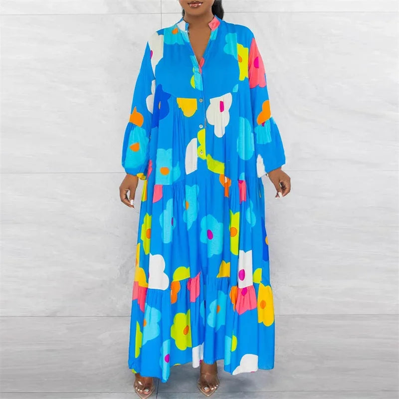 Floral Print Long Sleeve Shirt Dress for Women Spring Autumn Button-up Straight Loose Oversized Casual Long Dresses Vestidos