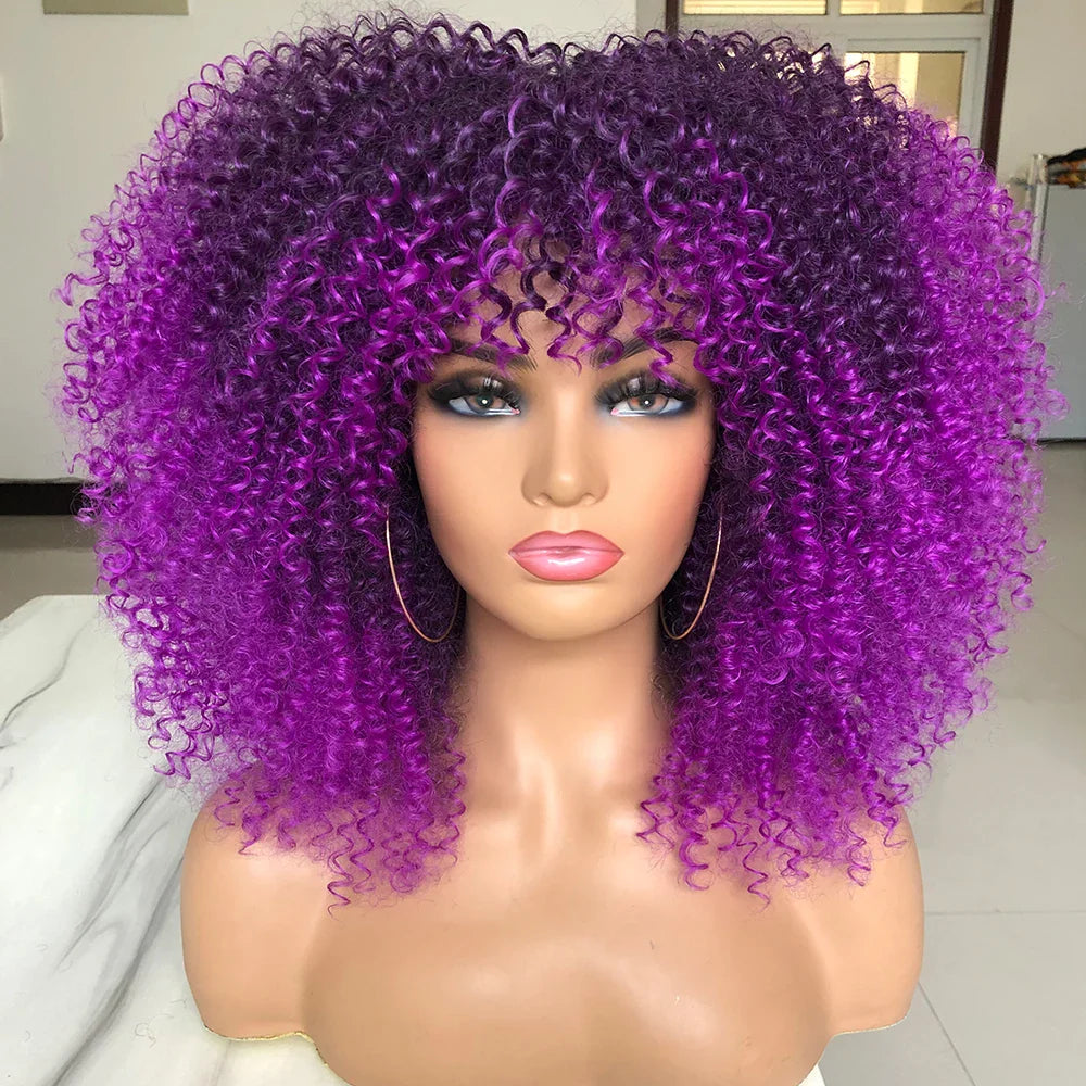 Curly Afro Wigs for Black Women Short Curly Wig with Bangs Kinky Curls Curly Hair Synthetic Wigs for African American Women