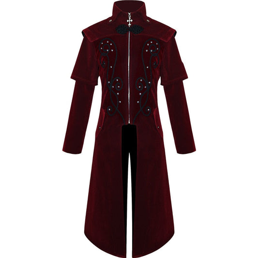Gothic Carved Black Embroidered Red Velveteen Dovetail Men Coat