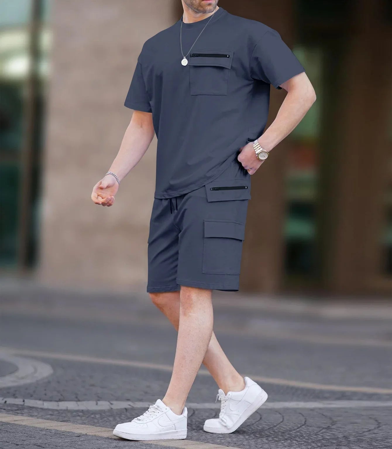 Summer 2025 Men's Short Sleeve Multi-Pocket Utility T-Shirt Shorts Casual Set for Western Europe and America