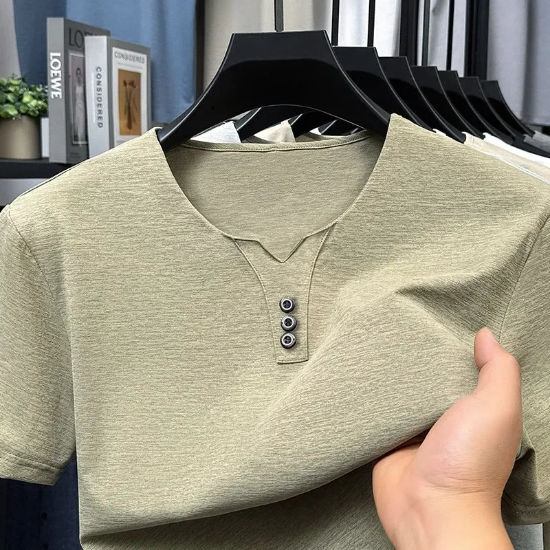 Men’s Three-Button V-Neck T-Shirt – Short Sleeve Top