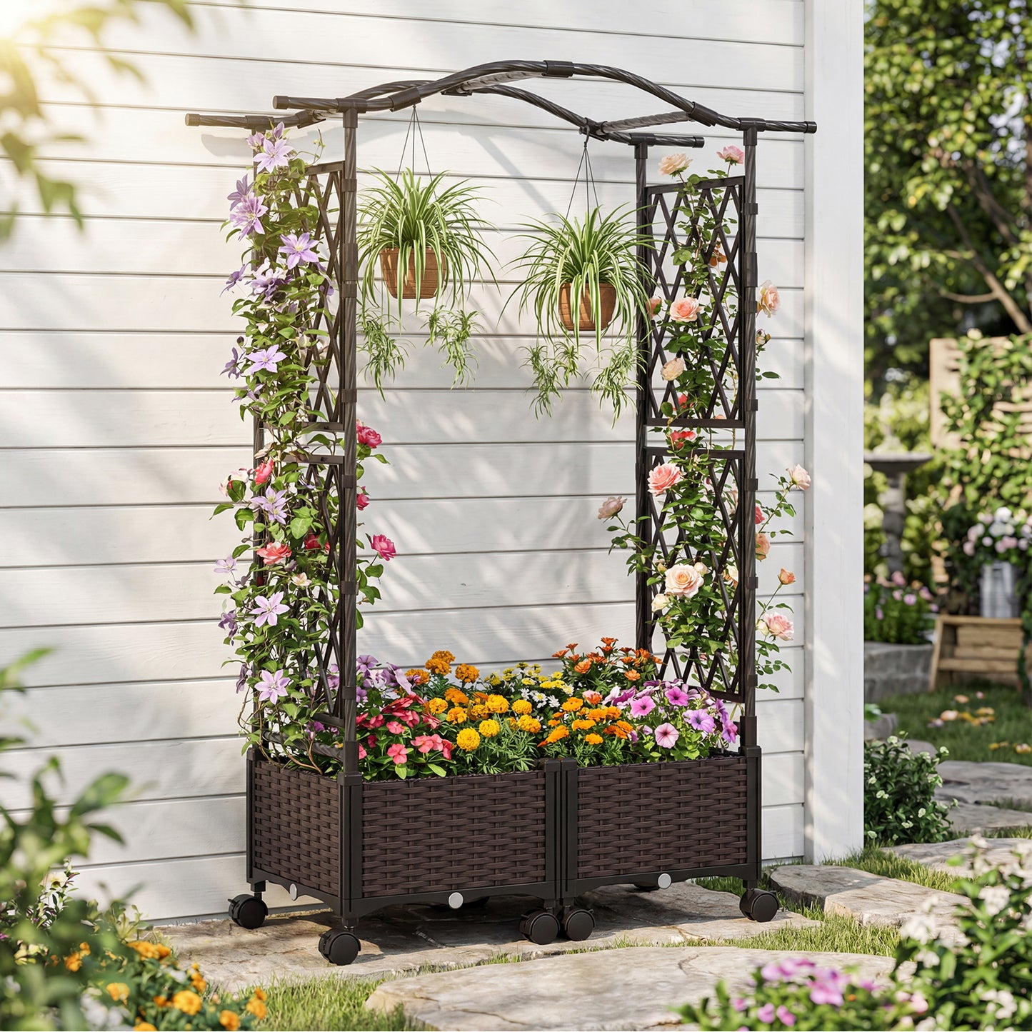 Self-Watering Planter Boxes with Lattice Trellis and Roof for Flower Herb-Brown