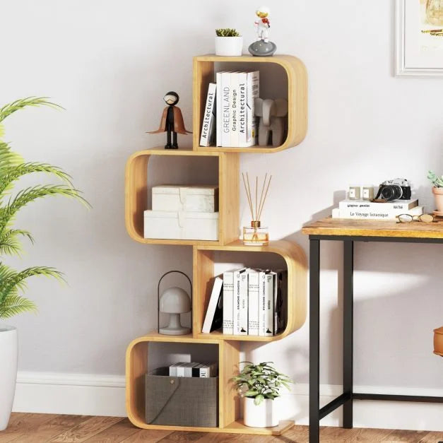 Set of 2 S-Shaped Bookcase Bamboo Bookshelf with 2 Open Cubes-3-Tier