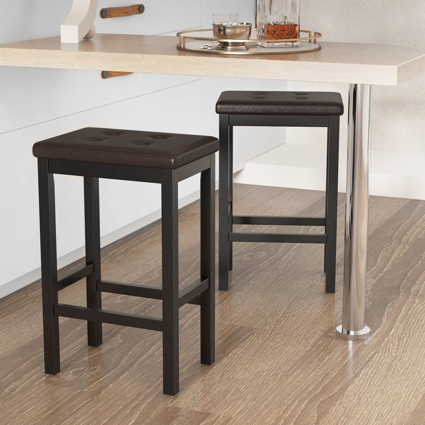 Set of 4 Bar Stools with Padded Seat and Footrest-Brown