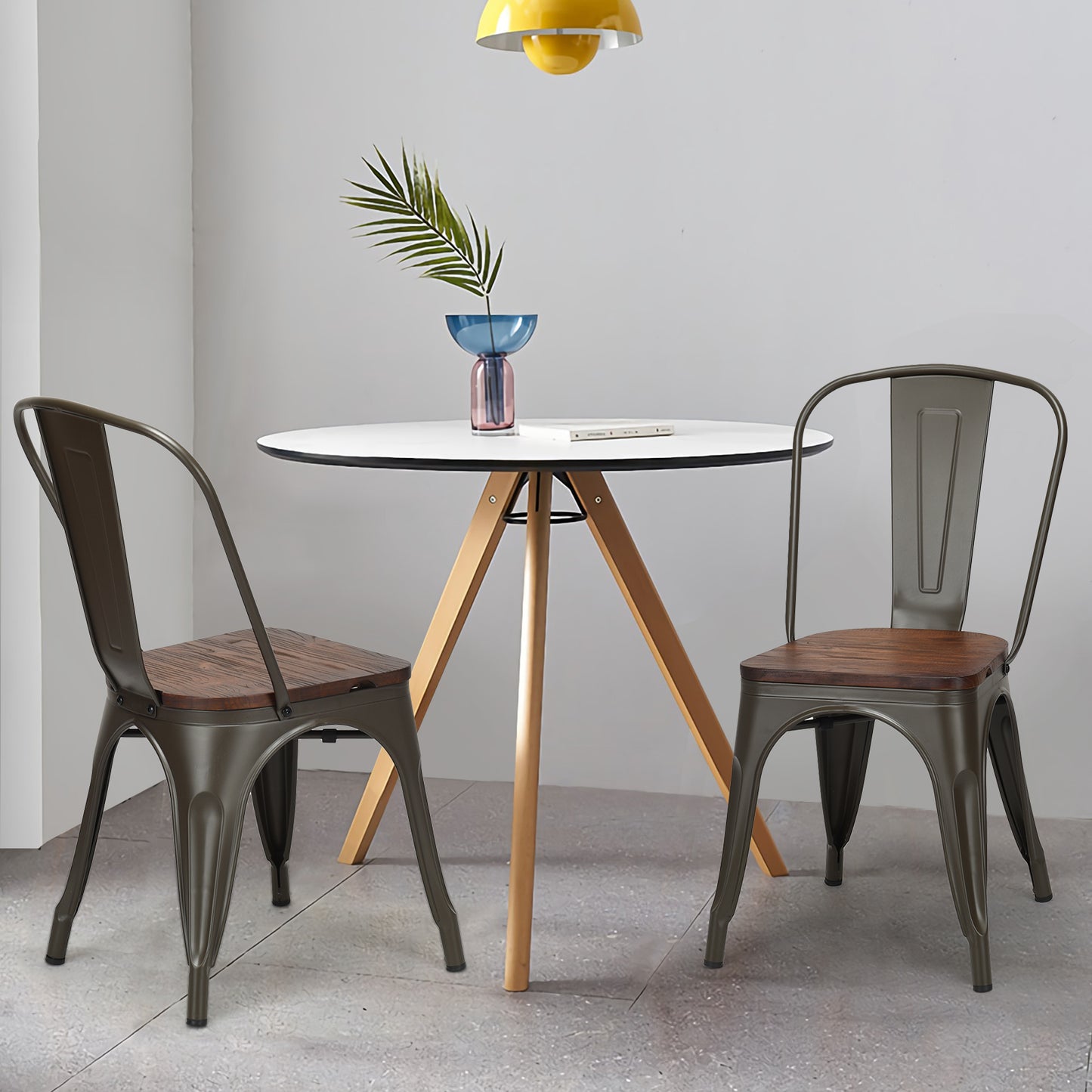 Set of 4 Stackable Metal Dining Chairs with Iron Backrest-Gun