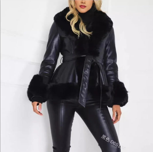 Women's Casual Warm imitation Rabbit Hair Patchwork Leather Jacket